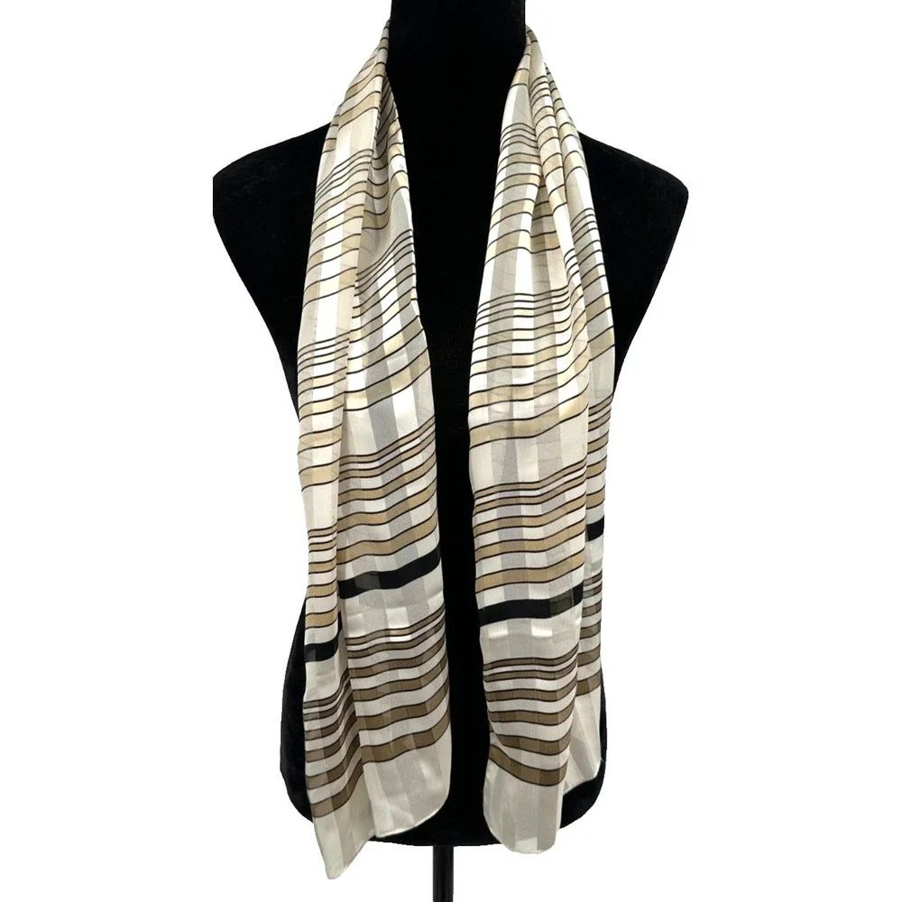 DKNY Womens Cream Tone On Tone Stripe Geometric Rectangular Silk Scarf Italy‎